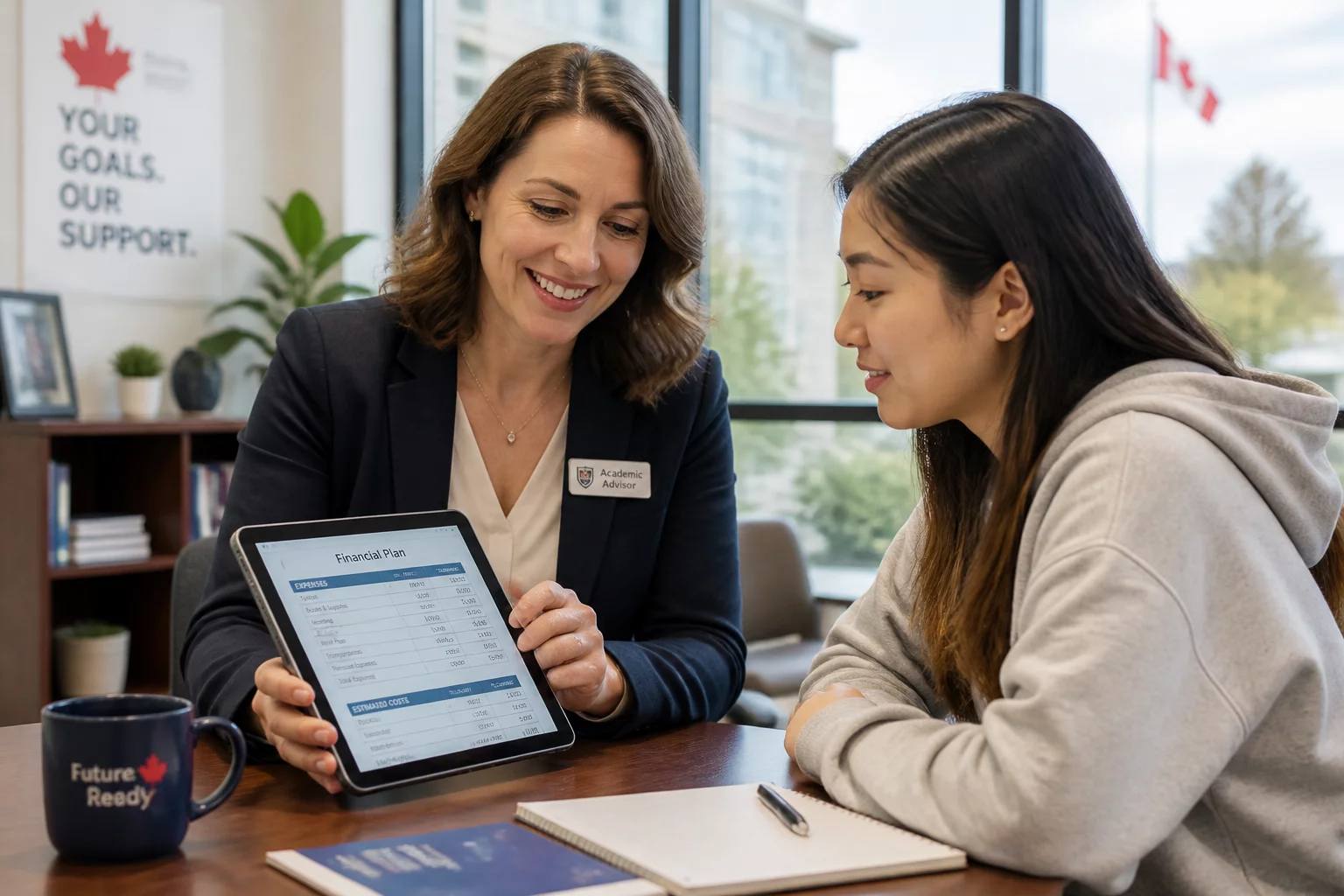 Academic advisor consulting student on tuition financing options