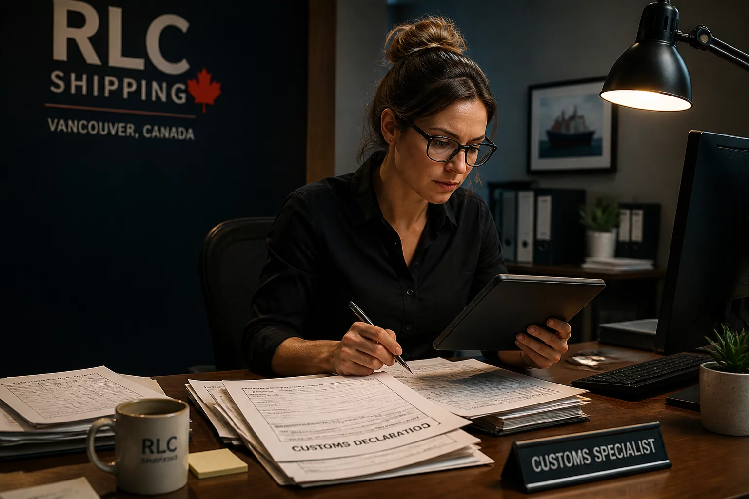 Customs declaration officer reviewing freight clearance files in Canada