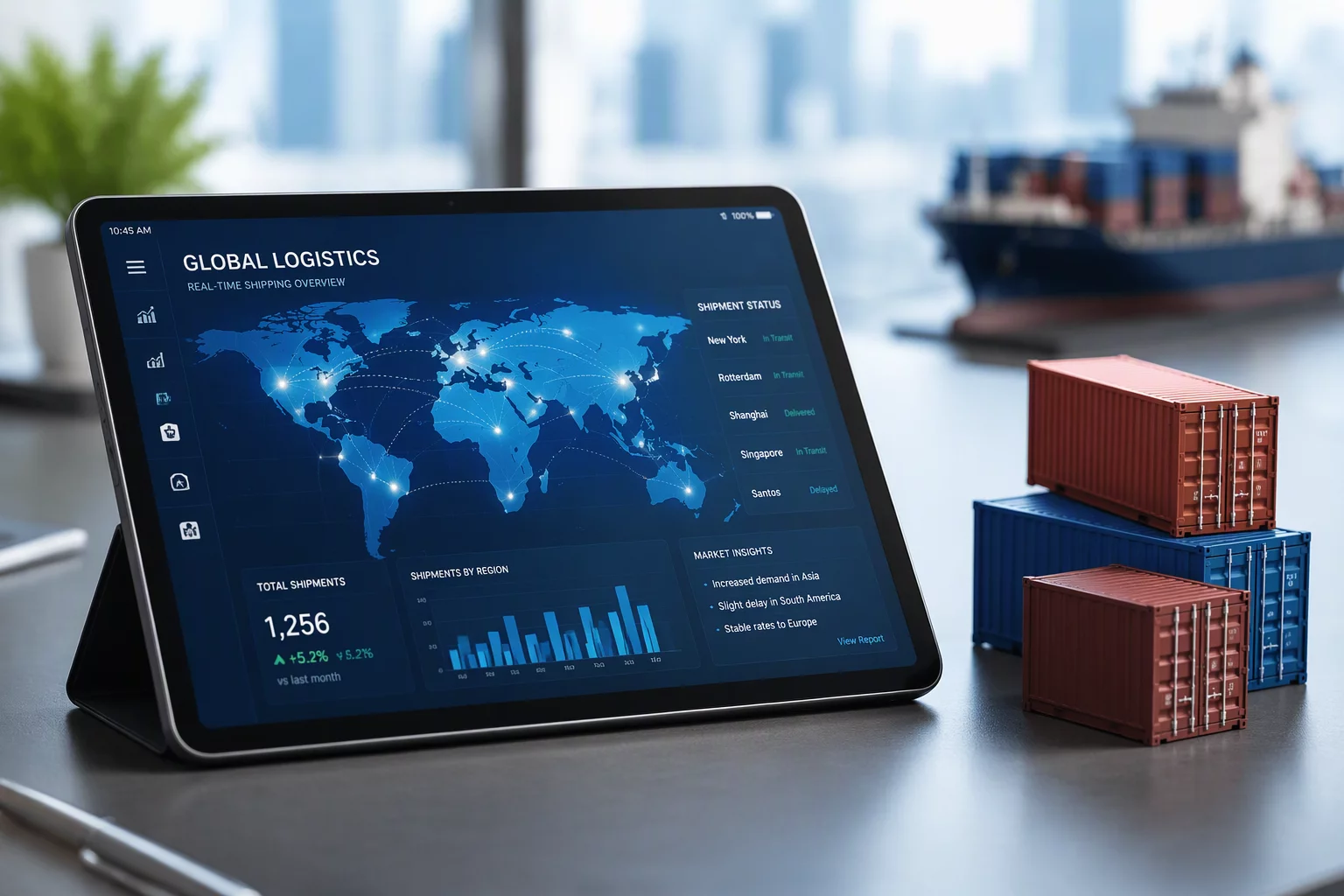 Digital tablet displaying global logistics map with shipping routes and container models