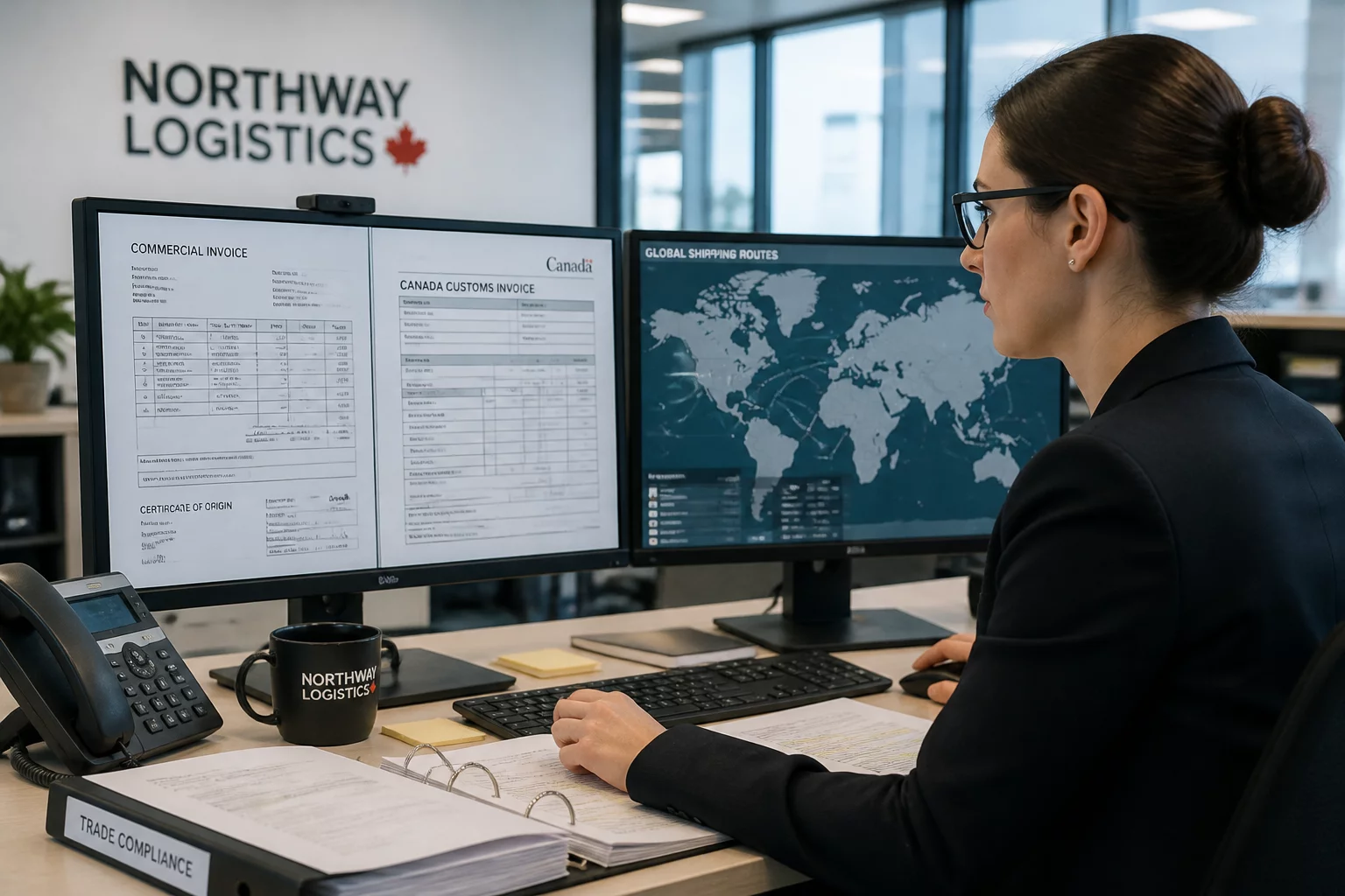 Logistics professional analyzing customs trade documentation on computer screens