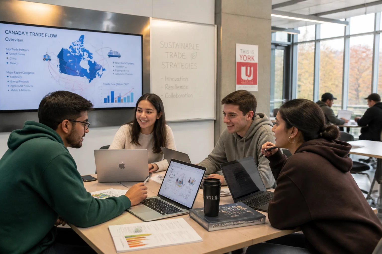 University campus library and students collaborating on international supply chain projects